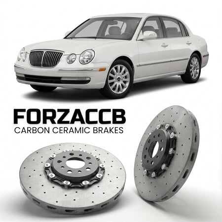 ForzaCCB direct OEM replacement carbon ceramic brake rotors for 2005 to 2010 Kia Opirus models, shown with a white Kia Opirus car.