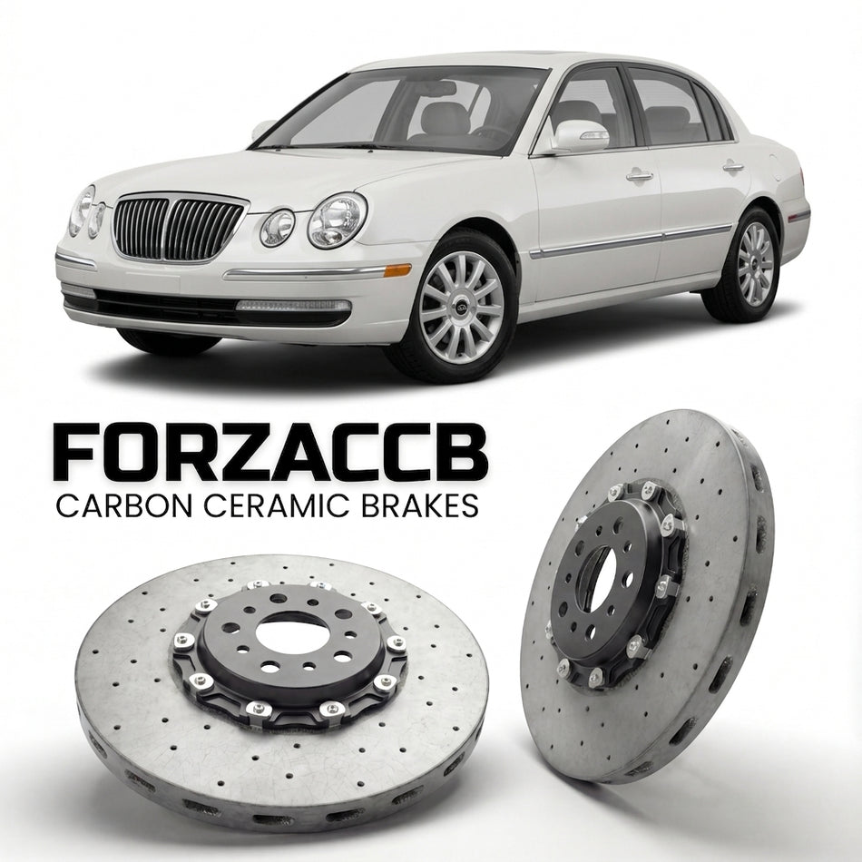 ForzaCCB direct OEM replacement carbon ceramic brake rotors for 2005 to 2010 Kia Opirus models, shown with a white Kia Opirus car.