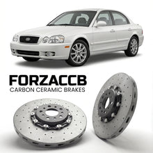 ForzaCCB direct OEM replacement carbon ceramic brake rotors for 2005-2005) Kia Optima I (facelift 2003 models, shown with a white Kia Optima car.
