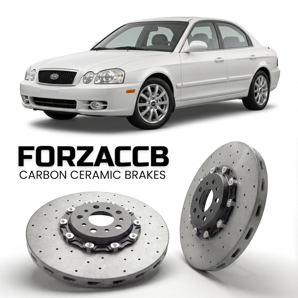 ForzaCCB direct OEM replacement carbon ceramic brake rotors for 2005-2005) Kia Optima I (facelift 2003 models, shown with a white Kia Optima car.