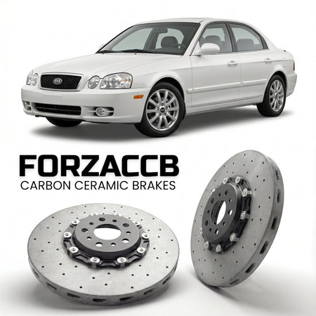 ForzaCCB direct OEM replacement carbon ceramic brake rotors for 2005-2005) Kia Optima I (facelift 2003 models, shown with a white Kia Optima car.