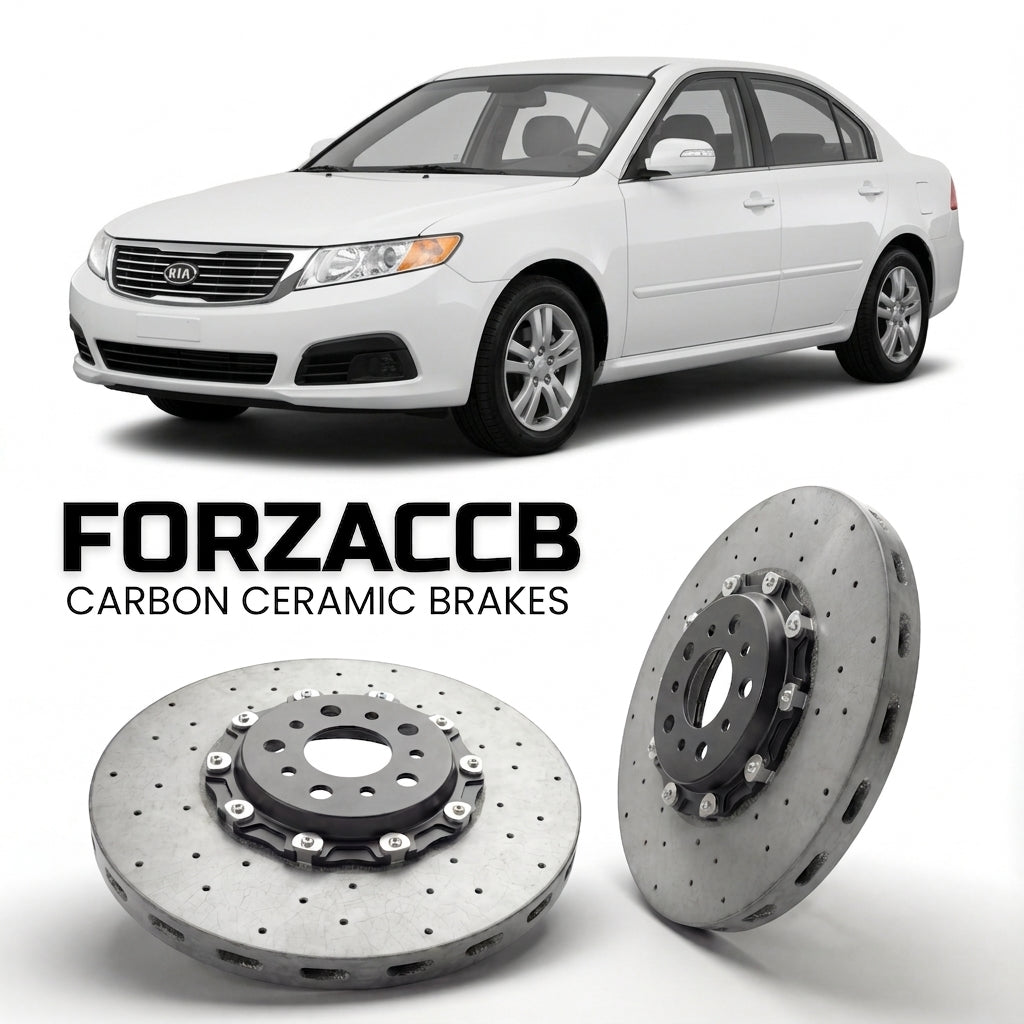 ForzaCCB direct OEM replacement carbon ceramic brake rotors for 2005 to 2008 Kia Optima II models, shown with a white Kia Optima car.