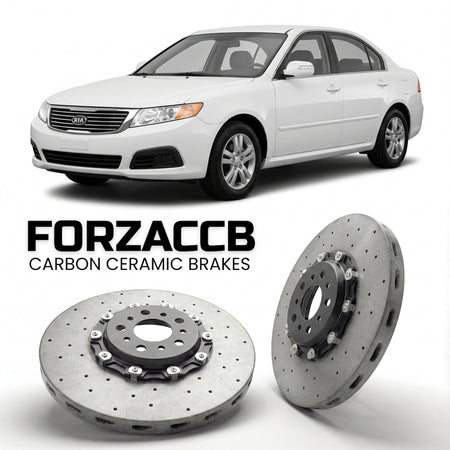ForzaCCB direct OEM replacement carbon ceramic brake rotors for 2005 to 2008 Kia Optima II models, shown with a white Kia Optima car.