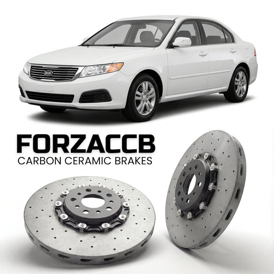ForzaCCB direct OEM replacement carbon ceramic brake rotors for 2005 to 2008 Kia Optima II models, shown with a white Kia Optima car.