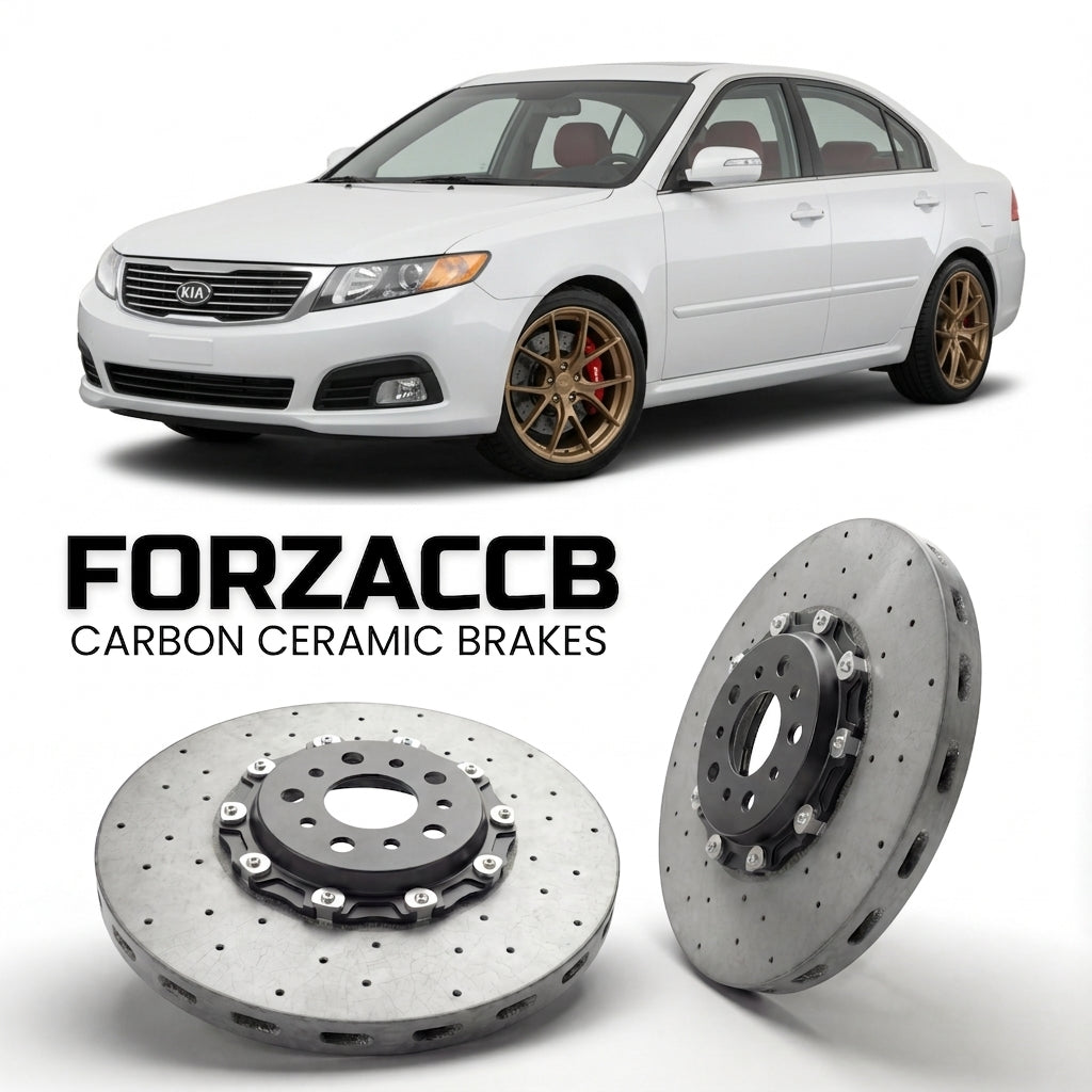 ForzaCCB direct OEM replacement carbon ceramic brake rotors for 2008-2010) Kia Optima II (facelift 2008 models, shown with a white Kia Optima car.