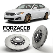 ForzaCCB direct OEM replacement carbon ceramic brake rotors for 2008-2010) Kia Optima II (facelift 2008 models, shown with a white Kia Optima car.
