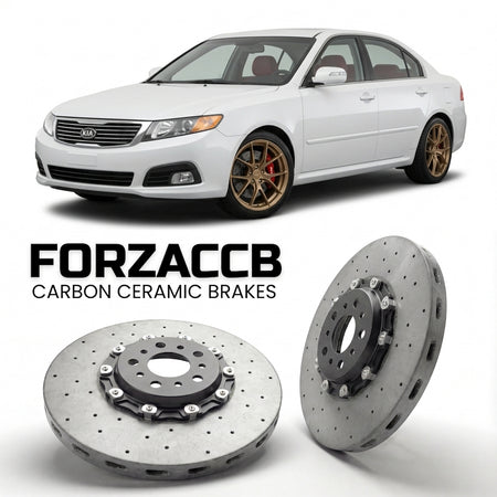 ForzaCCB direct OEM replacement carbon ceramic brake rotors for 2008-2010) Kia Optima II (facelift 2008 models, shown with a white Kia Optima car.