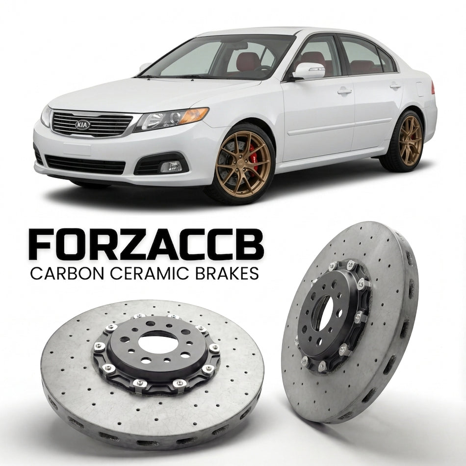 ForzaCCB direct OEM replacement carbon ceramic brake rotors for 2008-2010) Kia Optima II (facelift 2008 models, shown with a white Kia Optima car.