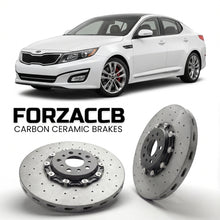 ForzaCCB direct OEM replacement carbon ceramic brake rotors for 2010 to 2013 Kia Optima III models, shown with a white Kia Optima car.