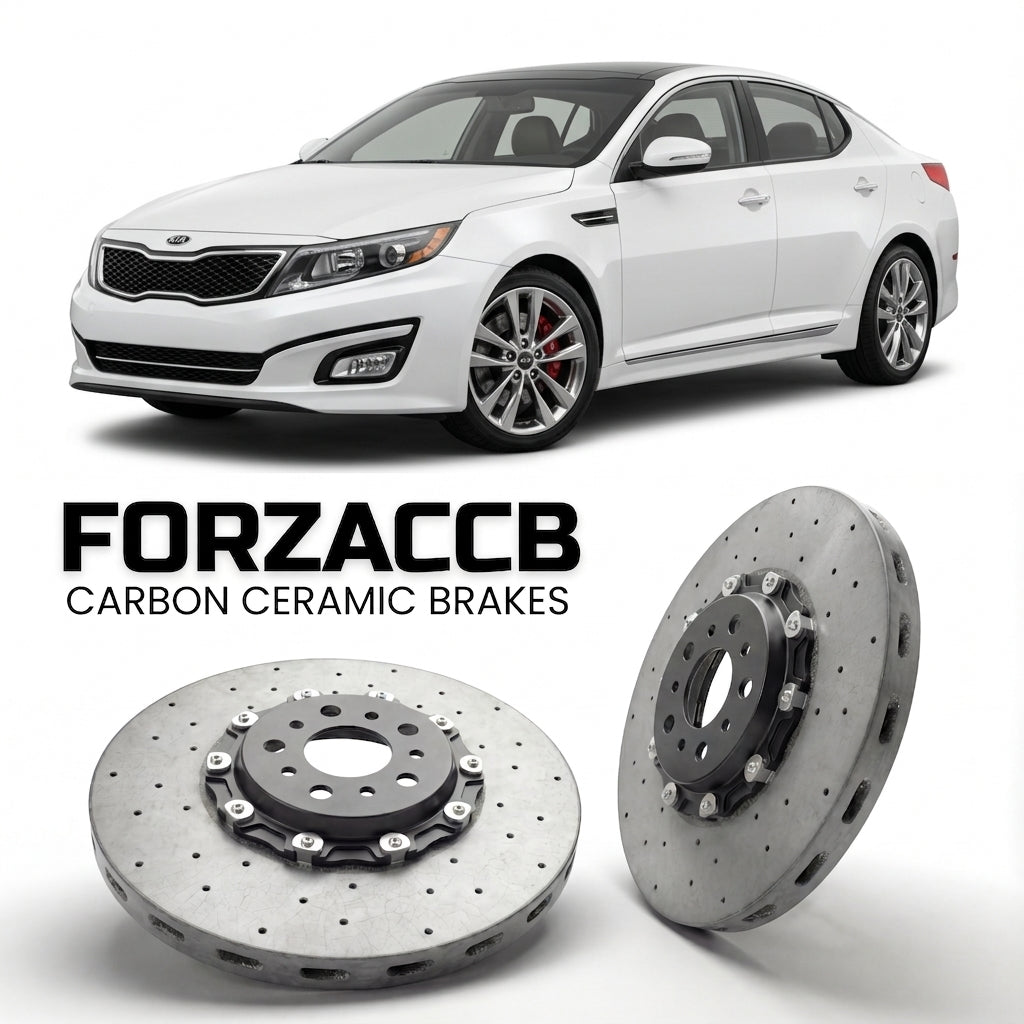 ForzaCCB direct OEM replacement carbon ceramic brake rotors for 2010 to 2013 Kia Optima III models, shown with a white Kia Optima car.