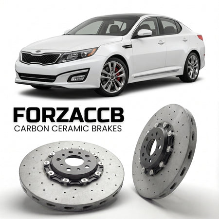 ForzaCCB direct OEM replacement carbon ceramic brake rotors for 2010 to 2013 Kia Optima III models, shown with a white Kia Optima car.