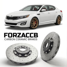 ForzaCCB direct OEM replacement carbon ceramic brake rotors for 2013-2016) Kia Optima III (facelift 2013 models, shown with a white Kia Optima car.