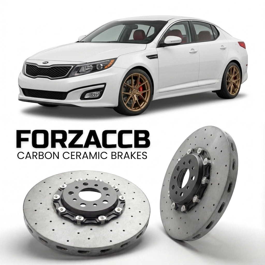 ForzaCCB direct OEM replacement carbon ceramic brake rotors for 2013-2016) Kia Optima III (facelift 2013 models, shown with a white Kia Optima car.