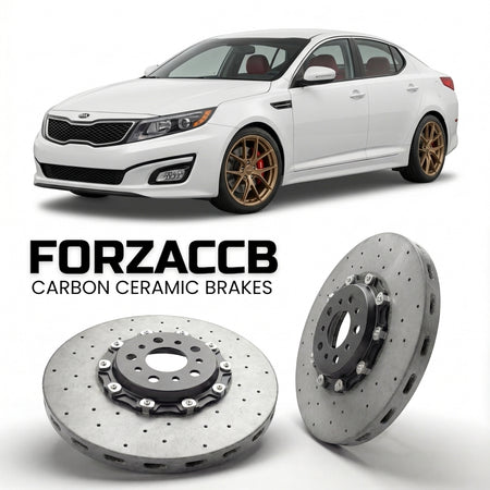 ForzaCCB direct OEM replacement carbon ceramic brake rotors for 2013-2016) Kia Optima III (facelift 2013 models, shown with a white Kia Optima car.