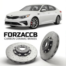 ForzaCCB direct OEM replacement carbon ceramic brake rotors for 2015 to 2018 Kia Optima IV models, shown with a white Kia Optima car.