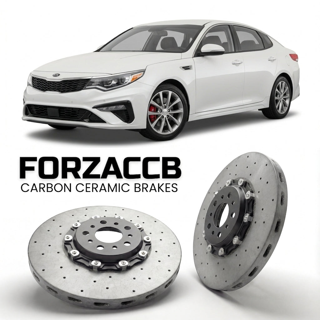ForzaCCB direct OEM replacement carbon ceramic brake rotors for 2015 to 2018 Kia Optima IV models, shown with a white Kia Optima car.