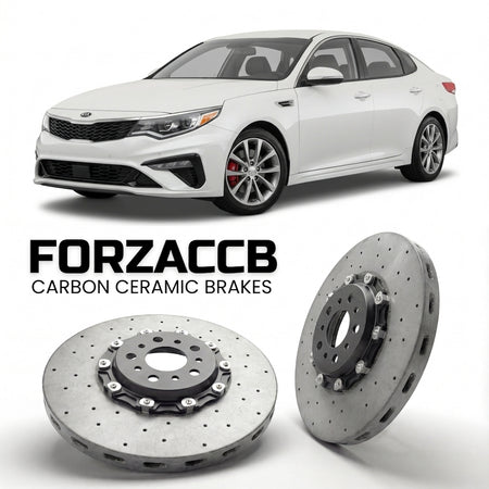 ForzaCCB direct OEM replacement carbon ceramic brake rotors for 2015 to 2018 Kia Optima IV models, shown with a white Kia Optima car.