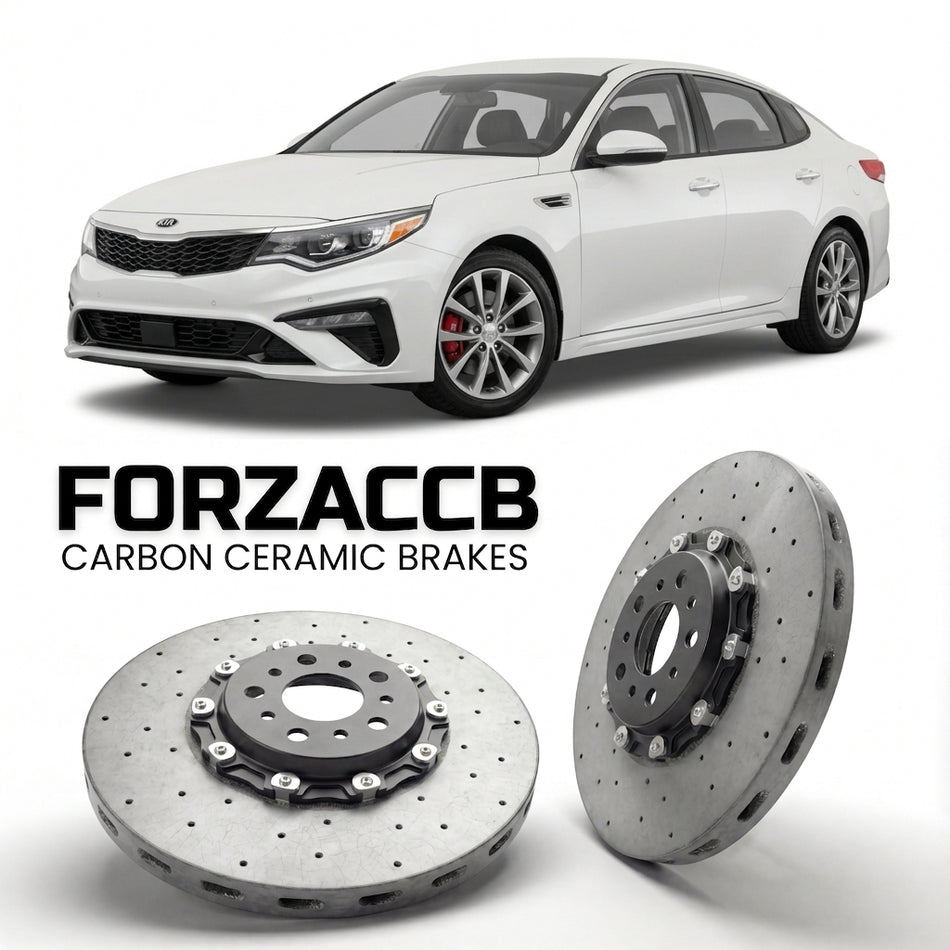 ForzaCCB direct OEM replacement carbon ceramic brake rotors for 2015 to 2018 Kia Optima IV models, shown with a white Kia Optima car.