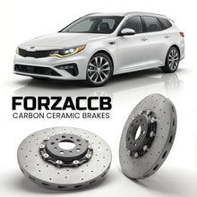 ForzaCCB direct OEM replacement carbon ceramic brake rotors for 2016 to 2018 Kia Optima IV Sportswagon models, shown with a white Kia Optima car.