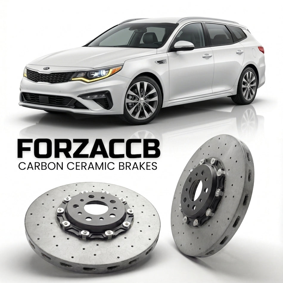 ForzaCCB direct OEM replacement carbon ceramic brake rotors for 2016 to 2018 Kia Optima IV Sportswagon models, shown with a white Kia Optima car.