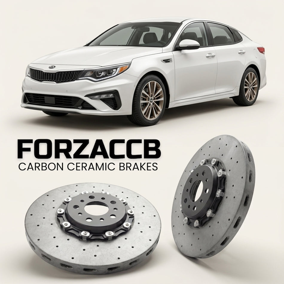 ForzaCCB direct OEM replacement carbon ceramic brake rotors for 2018-2020) Kia Optima IV (facelift 2018 models, shown with a white Kia Optima car.