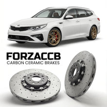 ForzaCCB direct OEM replacement carbon ceramic brake rotors for 2018-2020) Kia Optima IV Sportswagon (facelift 2018 models, shown with a white Kia Optima car.