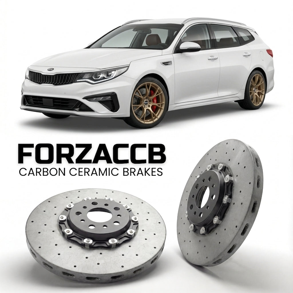 ForzaCCB direct OEM replacement carbon ceramic brake rotors for 2018-2020) Kia Optima IV Sportswagon (facelift 2018 models, shown with a white Kia Optima car.