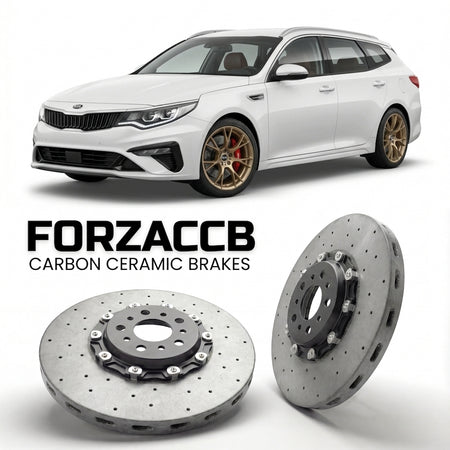ForzaCCB direct OEM replacement carbon ceramic brake rotors for 2018-2020) Kia Optima IV Sportswagon (facelift 2018 models, shown with a white Kia Optima car.