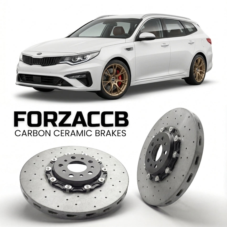 ForzaCCB direct OEM replacement carbon ceramic brake rotors for 2018-2020) Kia Optima IV Sportswagon (facelift 2018 models, shown with a white Kia Optima car.