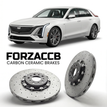 ForzaCCB direct OEM replacement carbon ceramic brake rotors for 2024 and newer Cadillac OPTIQ models, shown with a white Cadillac OPTIQ car.