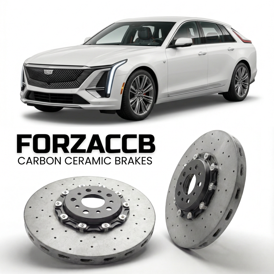 ForzaCCB direct OEM replacement carbon ceramic brake rotors for 2024 and newer Cadillac OPTIQ models, shown with a white Cadillac OPTIQ car.