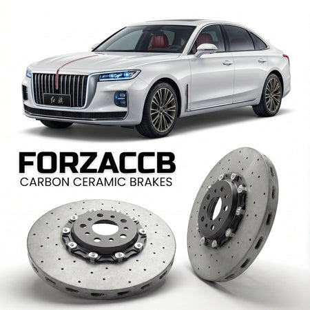 ForzaCCB direct OEM replacement carbon ceramic brake rotors for 2023 and newer Hongqi Ousado models, shown with a white Hongqi Ousado car.