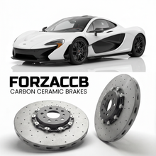 ForzaCCB direct OEM replacement carbon ceramic brake rotors for 2013 to 2015 McLaren P1 P12 models, shown with a white McLaren P1 car.
