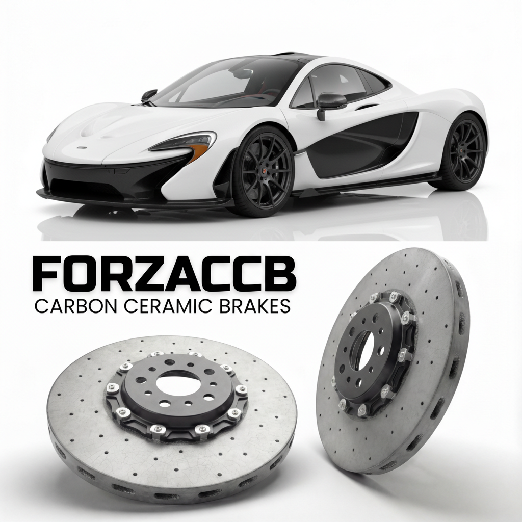 ForzaCCB direct OEM replacement carbon ceramic brake rotors for 2013 to 2015 McLaren P1 P12 models, shown with a white McLaren P1 car.