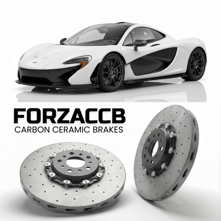 ForzaCCB direct OEM replacement carbon ceramic brake rotors for 2013 to 2015 McLaren P1 P12 models, shown with a white McLaren P1 car.
