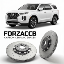 ForzaCCB direct OEM replacement carbon ceramic brake rotors for 2019 to 2022 Hyundai Palisade pre-facelift models, shown with a white Hyundai Palisade car.