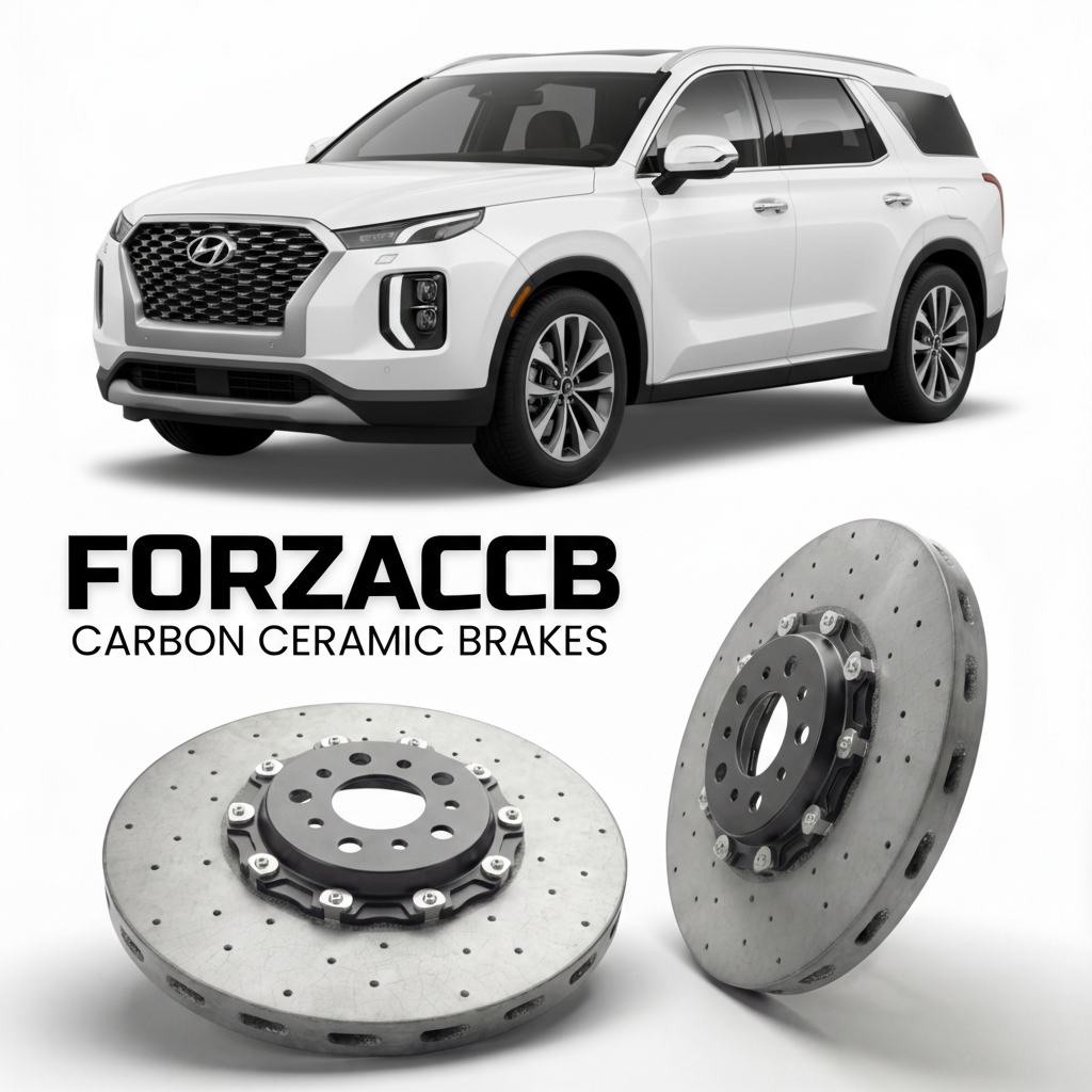 ForzaCCB direct OEM replacement carbon ceramic brake rotors for 2019 to 2022 Hyundai Palisade pre-facelift models, shown with a white Hyundai Palisade car.