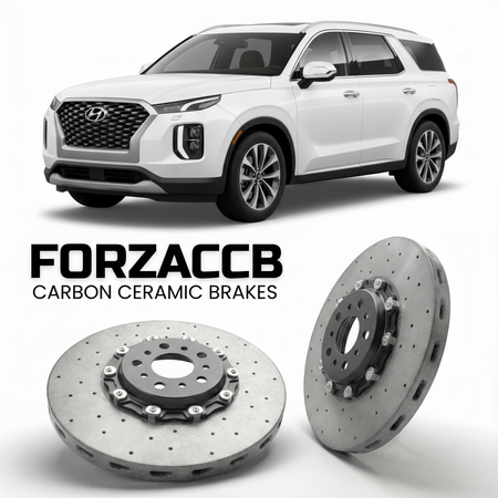 ForzaCCB direct OEM replacement carbon ceramic brake rotors for 2019 to 2022 Hyundai Palisade pre-facelift models, shown with a white Hyundai Palisade car.