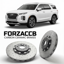 ForzaCCB direct OEM replacement carbon ceramic brake rotors for 2023 to 2025 Hyundai Palisade facelift models, shown with a white Hyundai Palisade car.