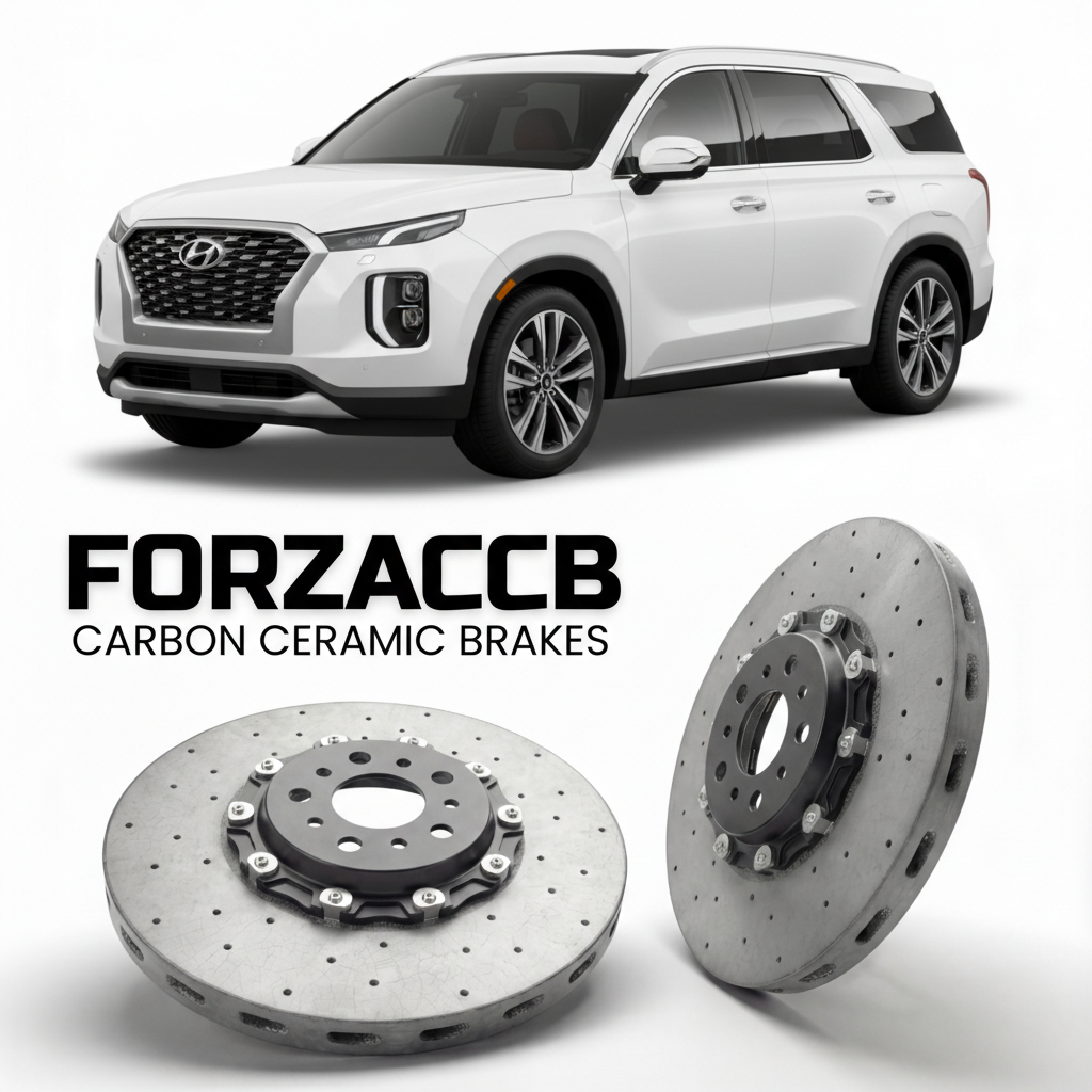 ForzaCCB direct OEM replacement carbon ceramic brake rotors for 2023 to 2025 Hyundai Palisade facelift models, shown with a white Hyundai Palisade car.