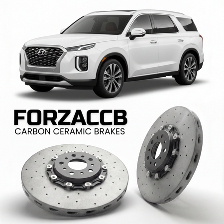 ForzaCCB direct OEM replacement carbon ceramic brake rotors for 2023 to 2025 Hyundai Palisade facelift models, shown with a white Hyundai Palisade car.