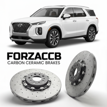 ForzaCCB direct OEM replacement carbon ceramic brake rotors for 2026 to 2026 Hyundai Palisade Gen 2 models, shown with a white Hyundai Palisade car.