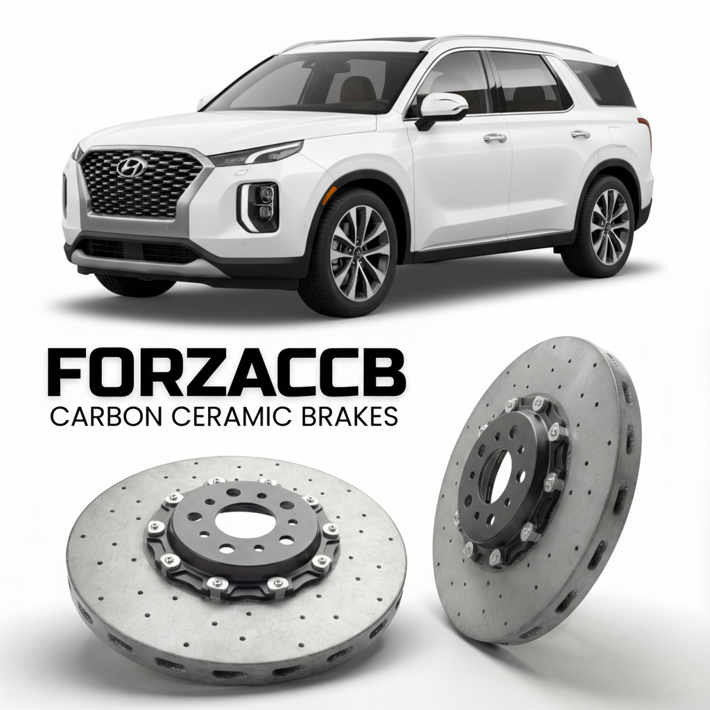 ForzaCCB direct OEM replacement carbon ceramic brake rotors for 2026 to 2026 Hyundai Palisade Gen 2 models, shown with a white Hyundai Palisade car.