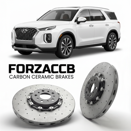 ForzaCCB direct OEM replacement carbon ceramic brake rotors for 2026 to 2026 Hyundai Palisade Gen 2 models, shown with a white Hyundai Palisade car.