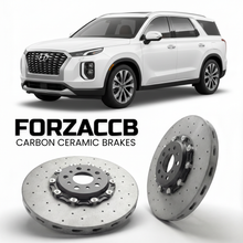 ForzaCCB direct OEM replacement carbon ceramic brake rotors for 2026 Hyundai Palisade Hybrid models, shown with a white Hyundai Palisade Hybrid car.