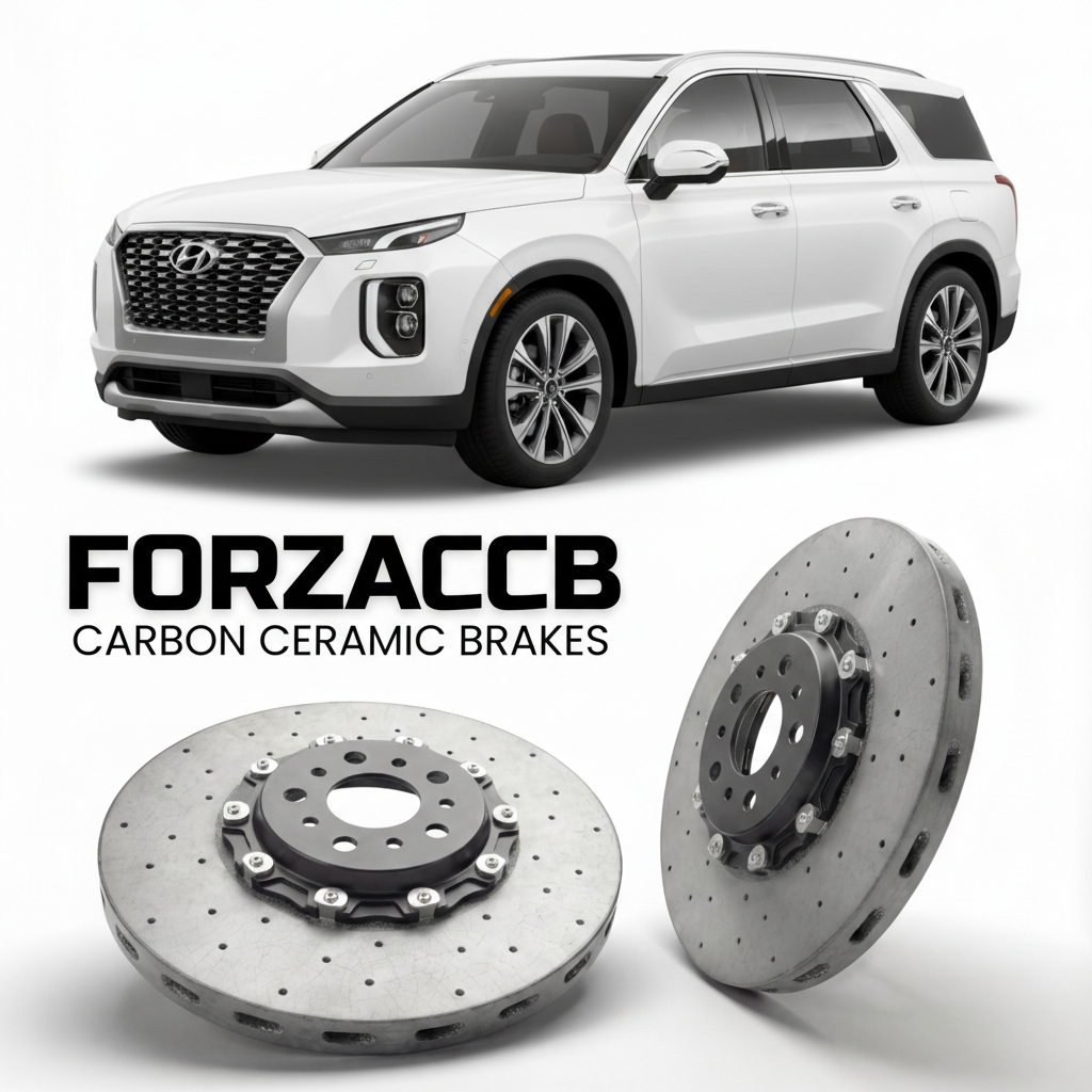 ForzaCCB direct OEM replacement carbon ceramic brake rotors for 2026 Hyundai Palisade Hybrid models, shown with a white Hyundai Palisade Hybrid car.