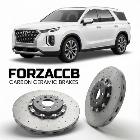 ForzaCCB direct OEM replacement carbon ceramic brake rotors for 2026 Hyundai Palisade Hybrid models, shown with a white Hyundai Palisade Hybrid car.