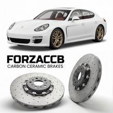 ForzaCCB direct OEM replacement carbon ceramic brake rotors for 2010 to 2016 Porsche Panamera 4 970 models, shown with a white Porsche Panamera 4 car.