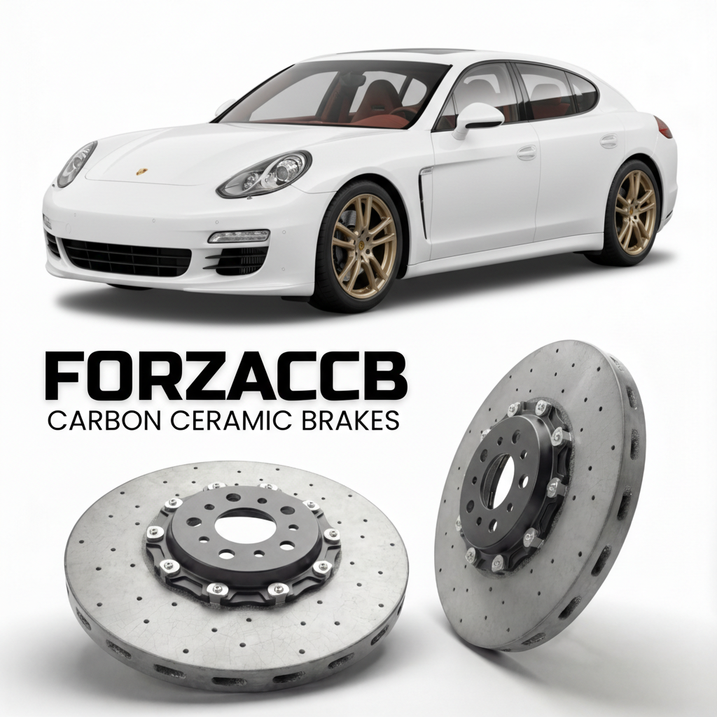 ForzaCCB direct OEM replacement carbon ceramic brake rotors for 2010 to 2016 Porsche Panamera 4 970 models, shown with a white Porsche Panamera 4 car.