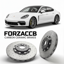 ForzaCCB direct OEM replacement carbon ceramic brake rotors for 2017 and newer Porsche Panamera 4S 971 models, shown with a white Porsche Panamera 4S car.